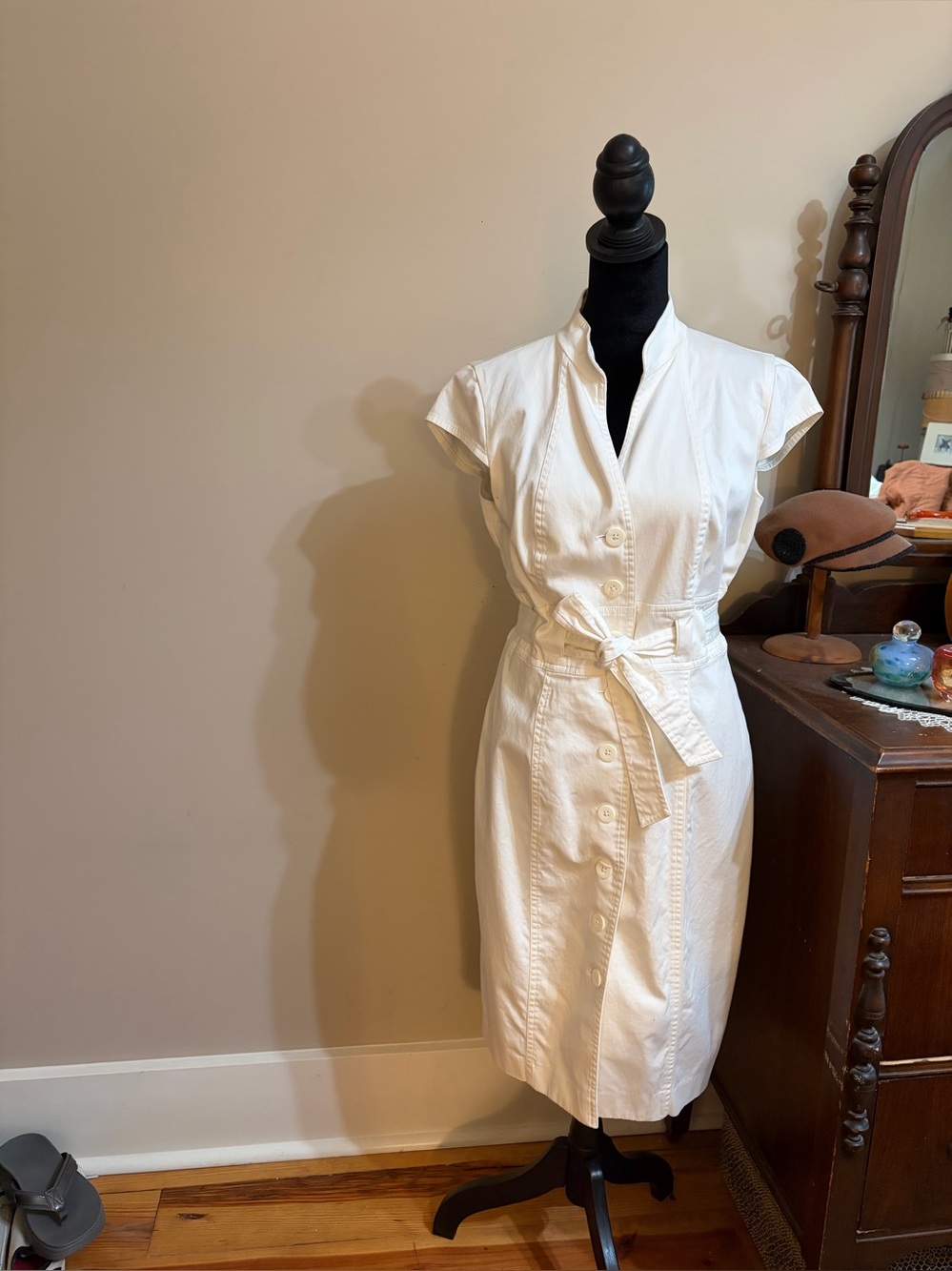 Calvin Klein White Button-Waist Midi Shirt Dress